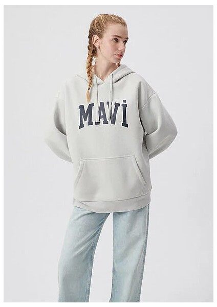 Mavi Logo Baskılı Kapüşonlu Gri Sweatshirt 1600361-34322