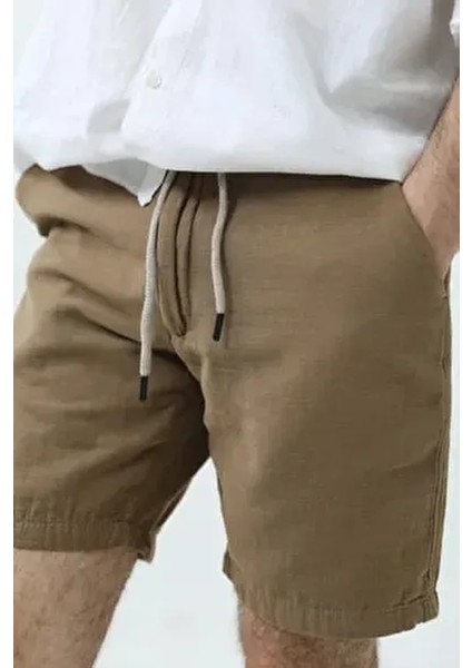 Erkek Krem Musli Bağcıklı Keten Şort Düz Desenli Çift Cepli Rahat Kesim