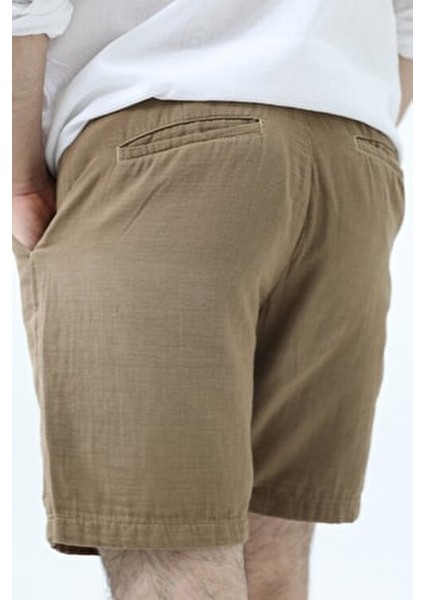 Erkek Krem Musli Bağcıklı Keten Şort Düz Desenli Çift Cepli Rahat Kesim fiyatları
