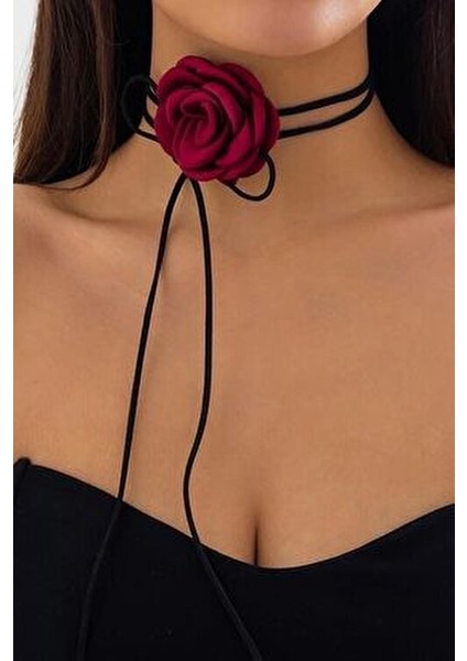 Kadın Bordo Saten Gül Choker Kolye