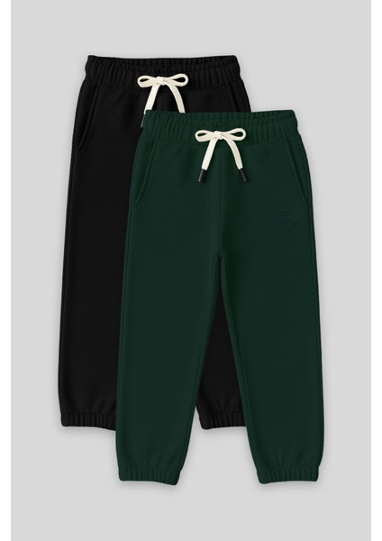 Standart Fit Basic 2li Paket Siyah-Çam Yeşili Erkek Çocuk eşofman Alt - 11225
