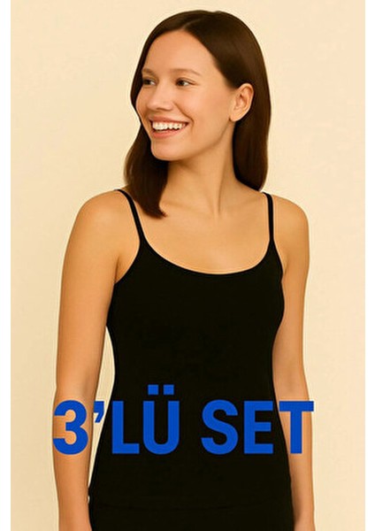 Siyah Kadın Ip Askılı Atlet 3 Lü Paket Pamuk Üretim