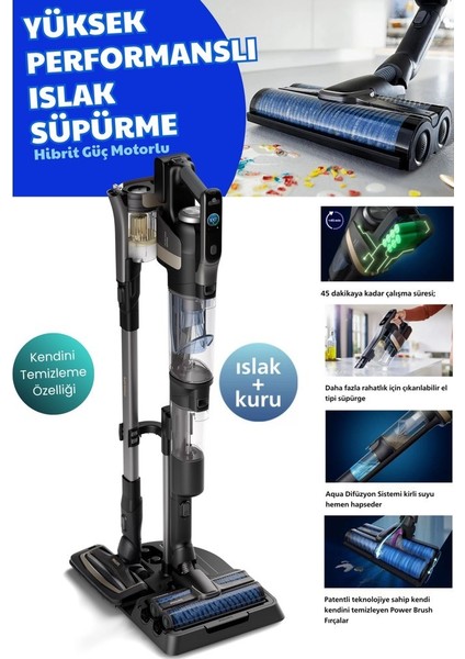 Aqua Trio 9000 Serisi Islak&kuru Dikey Süpürge, Tek Süpürge 3 Işlem, Kendini Temizleme Fonksiyonu, Otomatik Temizlik, + Aplik Lambader (Onerous)