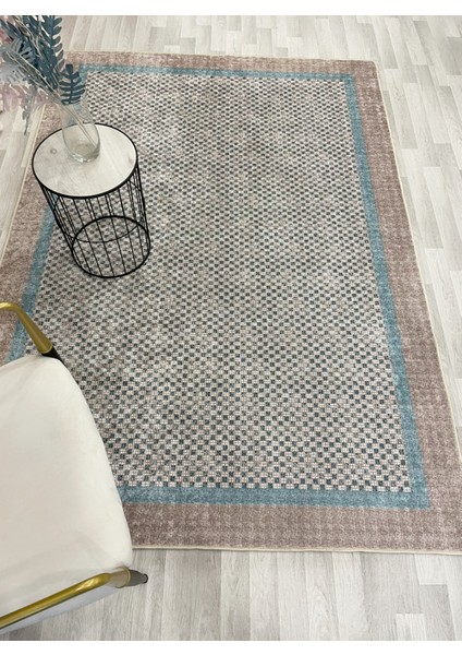 Kahve-Mavi Jüt Sisal Görünüm Bordürlü Kaymaz Taban Yolluk Mutfak Halı