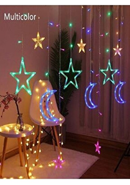 Yılbaşı Ay Yıldız Saçak Perde Ramazan Parti Yılbaşı Rgb LED Işık Animasyonlu USB Girişli