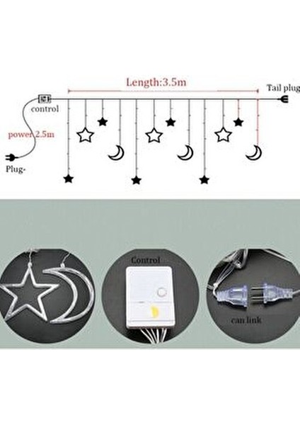 Yılbaşı Ay Yıldız Saçak Perde Ramazan Parti Yılbaşı Rgb LED Işık Animasyonlu USB Girişli indirimleri
