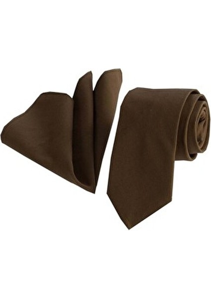 Kahverengi Toprak Rengi Doğal Kravat Mendil Seti