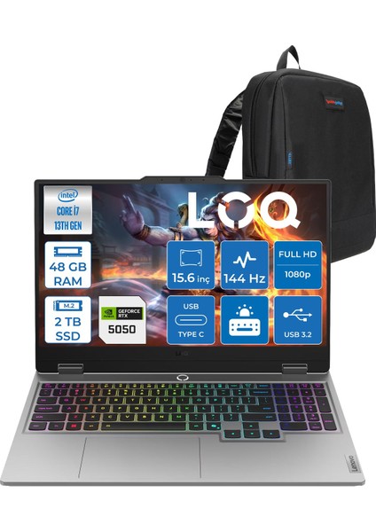 Loq 15IRX10 Intel Core I7 13700HX 48GB Ddr5 2tb SSD RTX5050 8gb 100W Freedos 15.6" Fhd (1920X1080) IPS 300NITS 144Hz 100% Srgb Taşınabilir Bilgisayar W83JE00KKTRF27 + Zetta Çanta