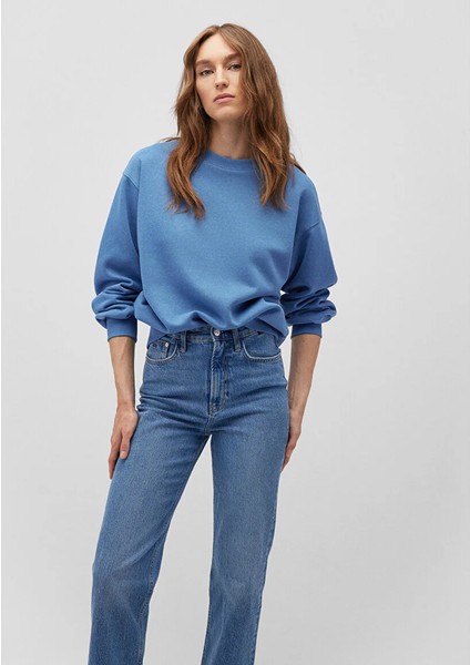 Kadın Bisiklet Yaka Mavi Basic Sweatshirt 1610198-70885