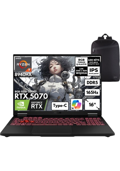 Tuf Gaming A16 Ryzen 9-8940HX 40-Gbddr5 2 Tbssd RTX5070 (8GB-115W-GDDR7) 16" Wqxga 165Hz Windows 11 Pro + Hmf Sırt Çantası FA608PP-QT031HMF20