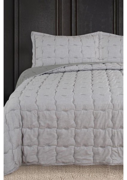 Lesya Nakışlı Elyaf Dolgulu Çift Kişilik 240X260 cm Yatak Örtüsü Gri