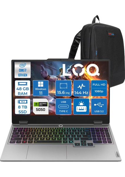 Loq 15IRX10 Intel Core I7 13700HX 48GB Ddr5 8tb SSD RTX5050 8gb 100W Windows 11 Pro 15.6" Fhd (1920X1080) IPS 300NITS 144Hz 100% Srgb Taşınabilir Bilgisayar W83JE00KKTRP30 + Zetta Çanta