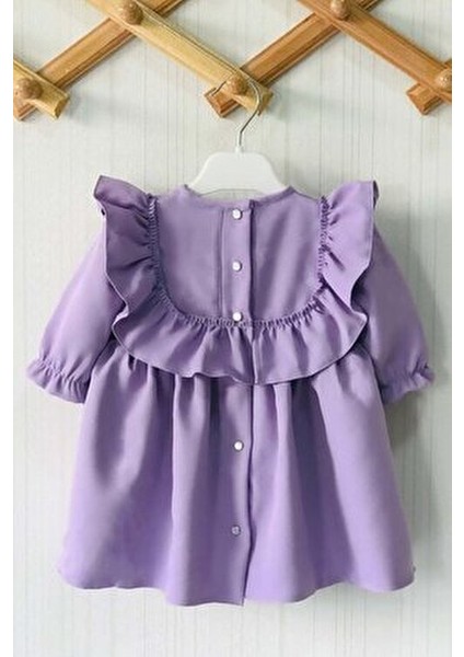 Lila Krep Tasarım Fırfır Detaylı Kız Çocuk Elbisesi Özel Günler İçin