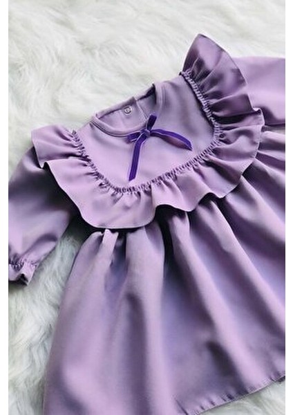 Lila Krep Tasarım Fırfır Detaylı Kız Çocuk Elbisesi Özel Günler İçin
