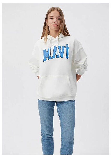 Mavi Logo Baskılı Kapüşonlu Beyaz Sweatshirt 1600361-81964