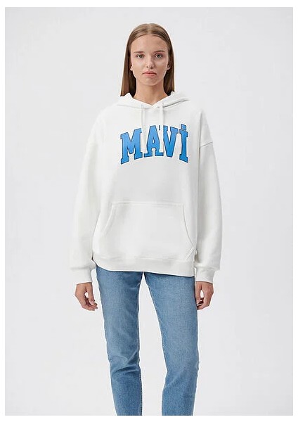 Mavi Logo Baskılı Kapüşonlu Beyaz Sweatshirt 1600361-81964
