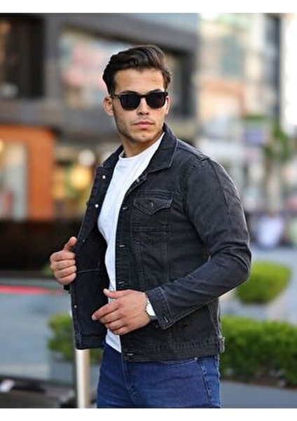 Erkek Trend Polo Yaka Slim Fit Denim Jeans Antrasit Kot Ceket fırsatları