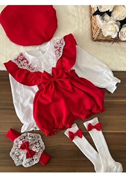 Kız Çocuk Bebek Askılı Kırmızı Şort Gömlek Şapka Bandana Çorap Takım
