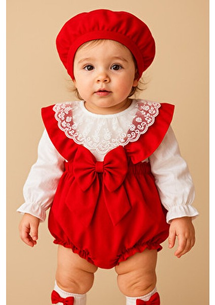 Kız Çocuk Bebek Askılı Kırmızı Şort Gömlek Şapka Bandana Çorap Takım fiyatları