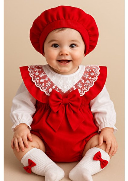 Kız Çocuk Bebek Askılı Kırmızı Şort Gömlek Şapka Bandana Çorap Takım modelleri
