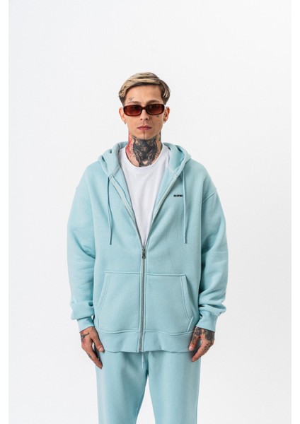 Erkek Respire Yazı Detaylı Kapüşonlu Basic Zip Oversize Hoodie Bebe Mavi