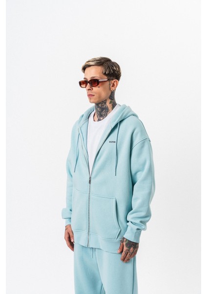 Erkek Respire Yazı Detaylı Kapüşonlu Basic Zip Oversize Hoodie Bebe Mavi fiyatları