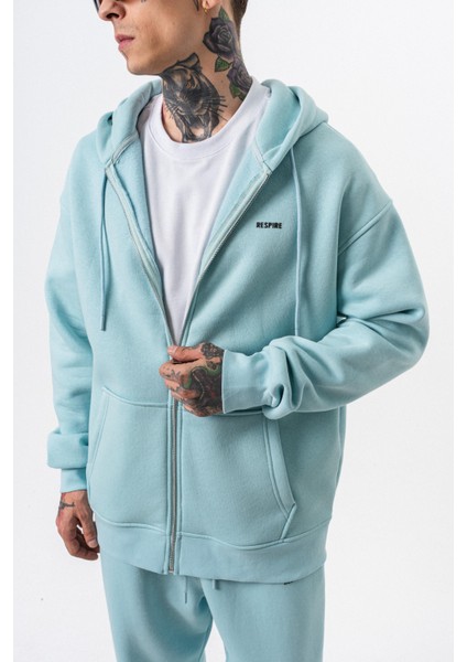 Erkek Respire Yazı Detaylı Kapüşonlu Basic Zip Oversize Hoodie Bebe Mavi indirimleri