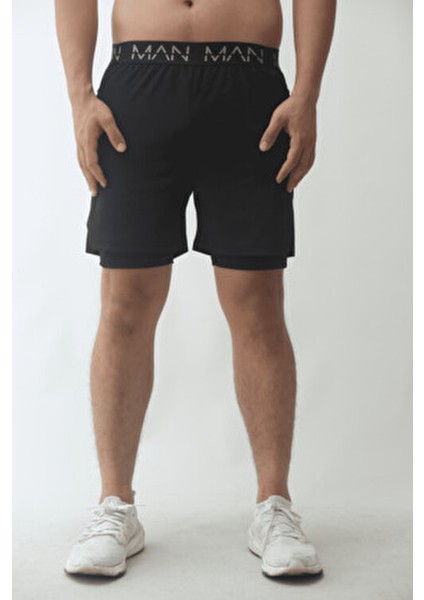 Siyah Unisex Gym ve Fitness Astarlı Taytlı Şort Düz Desenli Çift Cepli