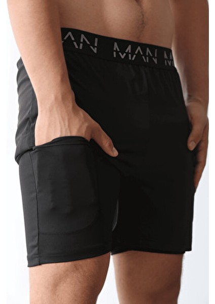 Siyah Unisex Gym ve Fitness Astarlı Taytlı Şort Düz Desenli Çift Cepli modelleri