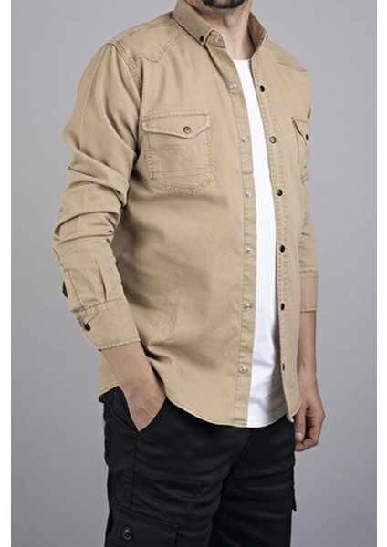Slim Fit Erkek Kot Gömlek Bej modelleri