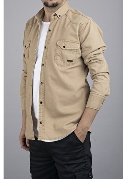 Slim Fit Erkek Kot Gömlek Bej fırsatları