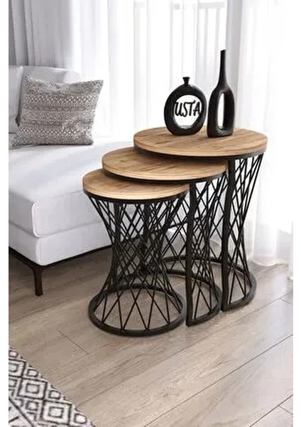 Hasır Telli Model Statik Zigon Sehpa Antik Çam Ahşap Tabla