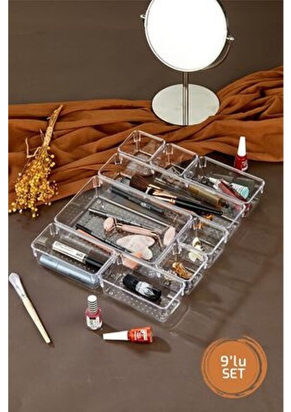 9 Parça Ayarlanabilir Çekmece Içi Düzenleyici Makyaj ve Takı Organizeri Şeffaf - Set1