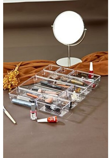 9 Parça Ayarlanabilir Çekmece Içi Düzenleyici Makyaj ve Takı Organizeri Şeffaf - Set1 modelleri