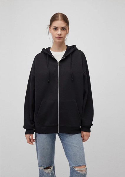 Kapüşonlu Fermuarlı Siyah Sweatshirt 1610221-900