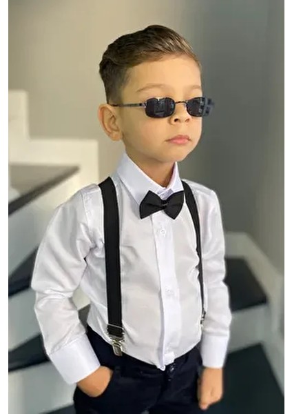 Erkek Çocuk Gömlek Uzun Kol Beyaz Renk Klasik Kesim Papyon ve Askı Seti