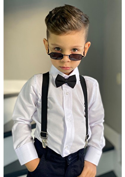 Erkek Çocuk Gömlek Uzun Kol Beyaz Renk Klasik Kesim Papyon ve Askı Seti fiyatları