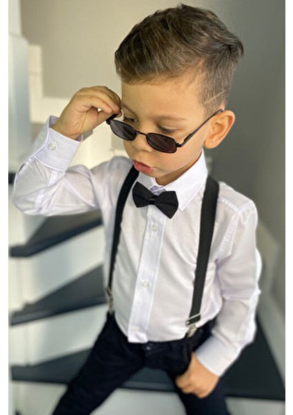 Erkek Çocuk Gömlek Uzun Kol Beyaz Renk Klasik Kesim Papyon ve Askı Seti modelleri