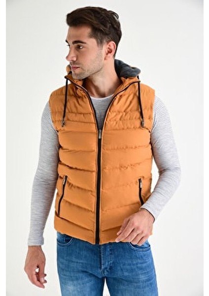 Erkek Safran Kapüşonlu Polar Astarlı Şişme Yelek