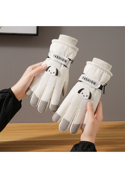 Beyaz Sevimli Pacha Köpek Elnleri Sonbahar ve Kış Sıcak Dokunmatik Ekran Soğuk Geçirmez Su Geçirmez Artı Kadife Kalın Dış Mekan Bisiklet Elnleri (Yurt Dışından)