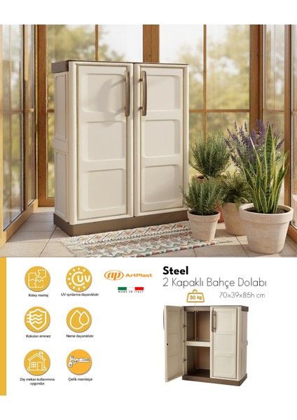 Steel Kahve Fil Dişi Iki Kapaklı Yarım Boy Plastik Bahçe Dolabı 70 x 39 x 85 cm