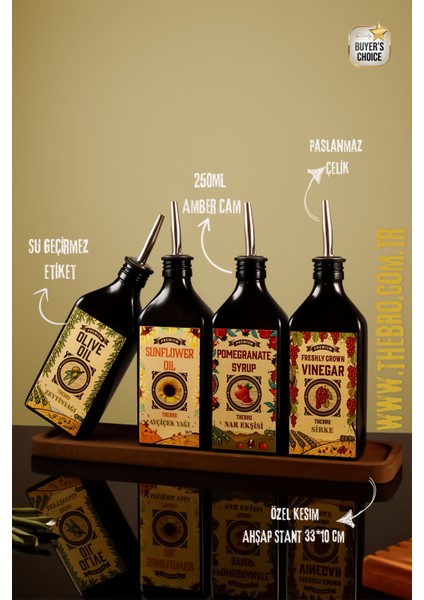 250ML Carmen Serisi Ahşap Stantlı Zeytinyağı,ayçiçek Yağı, Nar Ekşisi, Sirke Şişesi Set