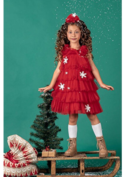 Kartanesi Detaylı Tokalı Kız Çocuk Noel Elbise