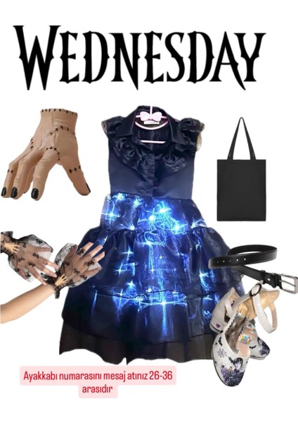 Işıklı Wednesday Kostüm Elbise + Siyah Çanta+Kemer+El+Tül Eldiven +Wednesday Topuklu Ayakkabı Seti