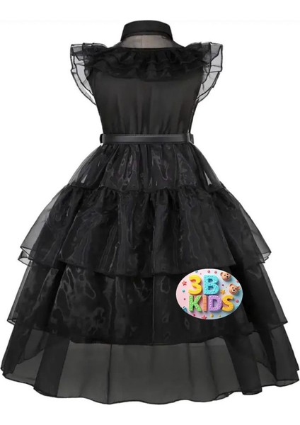 Işıklı Wednesday Kostüm Elbise + Siyah Çanta+Kemer+El+Tül Eldiven +Wednesday Topuklu Ayakkabı Seti