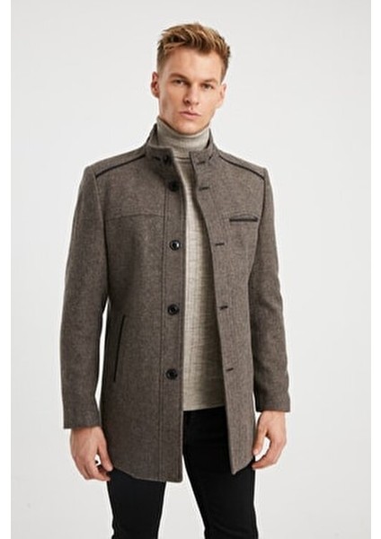 Erkek Toprak Kapitone Astarlı Yün Karışımlı Kaşe Kaban