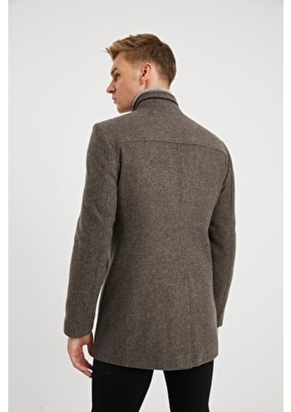 Erkek Toprak Kapitone Astarlı Yün Karışımlı Kaşe Kaban