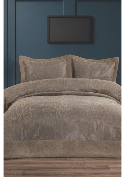 Natural Jakarlı Çift Kişilik Yatak Örtüsü Cappucino