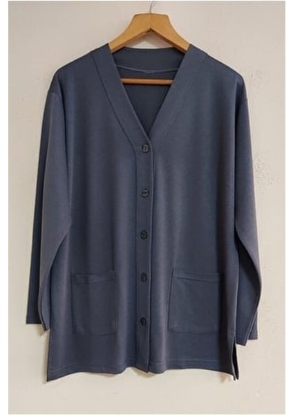 Glorya Penye Pamuk Kadın Hırkası Uzun Kol V Yaka Düz Desenli Çift Cepli