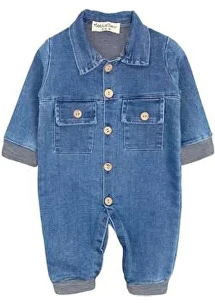 Mavi Düğme Detaylı Bebek Kot Tulum Uzun Kol Regular Kesim Pamuklu Kumaş